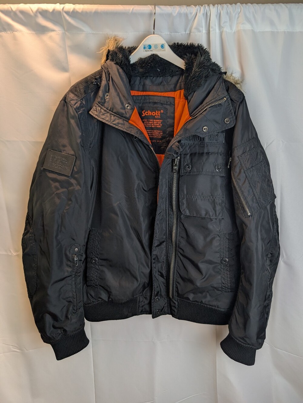 Schott NYC Army Type Garment Men's Heavy Winter Bomber Jacket Black Faux Fur L